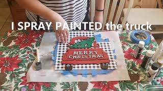 How to Paint a Plaid Wood Round and add a Little Red Christmas Truck,Christmas Wood Sign, Plaid Sign