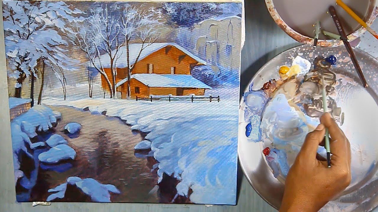 Acrylic Painting Tutorial - Peaceful Winter Scene with Snow, Cabin & Creek
