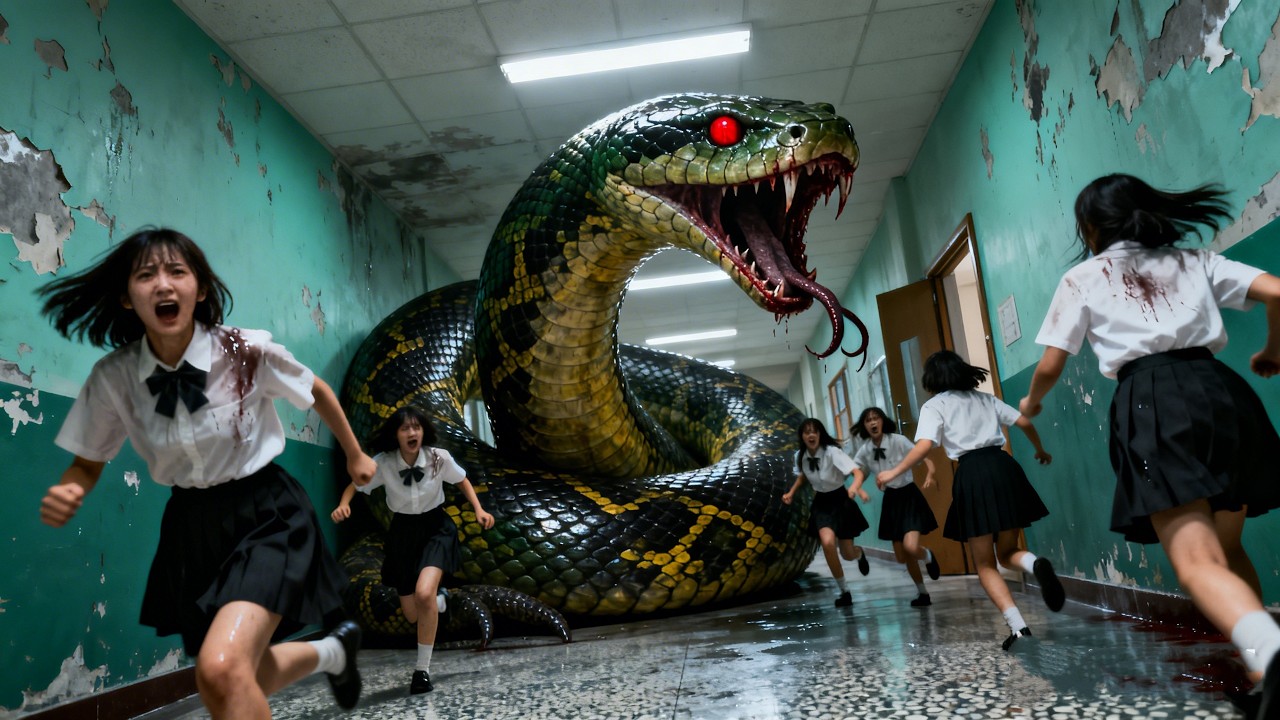 Ular piton mutan menyerang sekolah putri! Kepala sekolah dilahap, satpam menyelamatkan gadis!