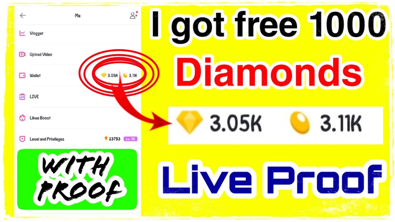 Free 1000 diamonds 😱 | Winn free 1000 diamonds today with proof | Likee free Diamonds and beans 😱