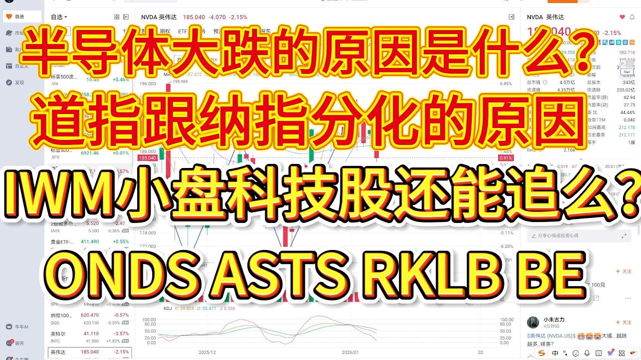 半导体大跌的原因是什么？道琼斯指数跟纳指为什么分化？iwm小盘科技股还能追么？ONDS、ASTS、RKLB、BE、SERV后续怎么看？