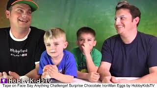 Tape on Face Say Anything Challenge! Surprise Chocolate IronMan Eggs by HobbyKidsTV