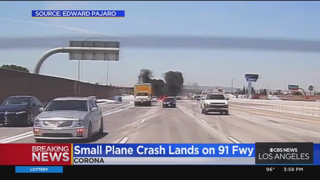 Small plane crash lands on 91 Freeway in Corona - YouTube
