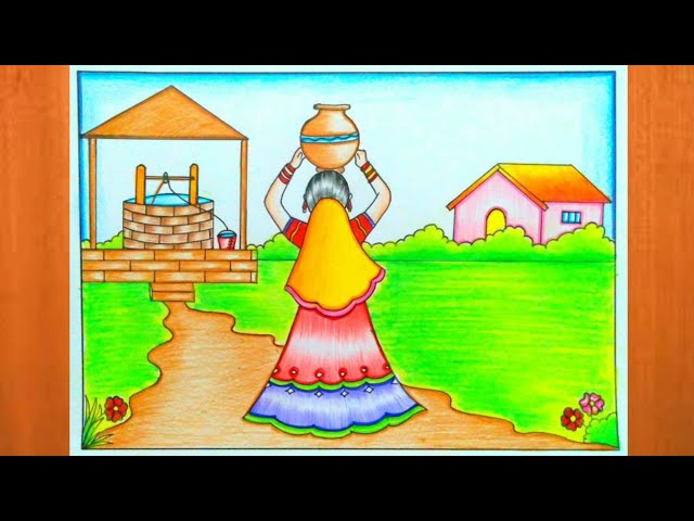 पनघट क चतर बनन सख  How to Draw Village Scenery Women with water  well step by step Very easy  YouTube