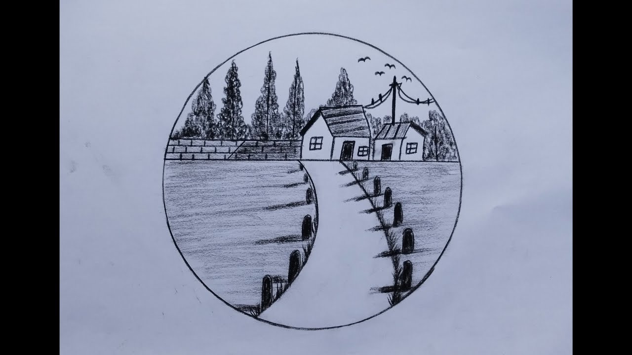 Circle scenery drawing | How to draw easy landscape in circle step by ...