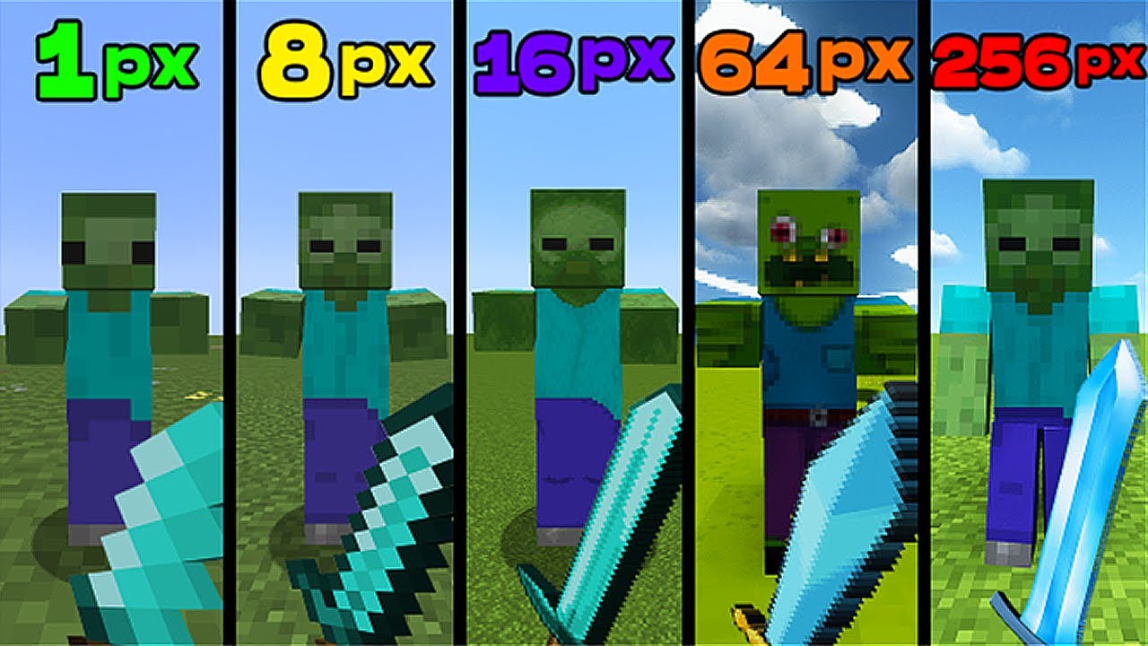 minecraft combat in 1px vs 8px vs 16px vs 64px vs 256px - YouTube