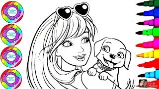 How to Color Barbie Girl 2020 with Brown and Rainbow Hair Coloring Drawing Puppy for Kids