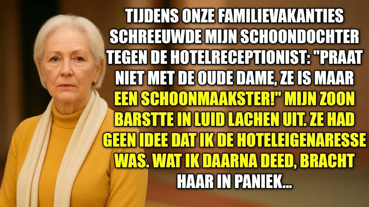 Ik stond in de lobby van een vijfsterrenresort en mijn eigen schoondochter wees naar me alsof ik een stuk vuilnis was. “Praat niet met die oude vrouw,” schreeuwde ze. “Ze is maar de bediende, de...
