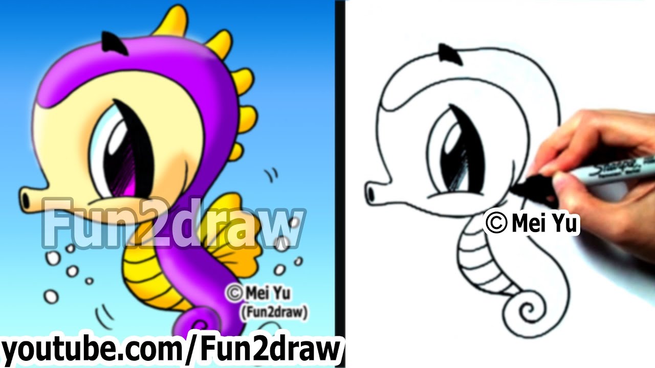 How to Draw a Cartoon Seahorse in 2 min - Learn to Draw - Art Lessons