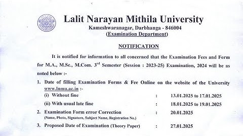 Lnmu PG 3rd Semester Exam date 2025, Session 2023-25| Lnmu MA MSc MCom @Studentexpres