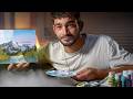 Ich folge einem Bob Ross Tutorial mit Acrylfarben, Billigpinseln &amp; Pappspachtel | Selbstexperiment