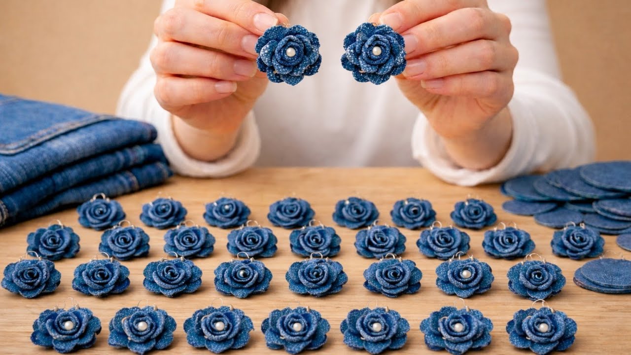 Как сделать серьги в виде роз из старых джинсов | Переработка джинсовой ткани