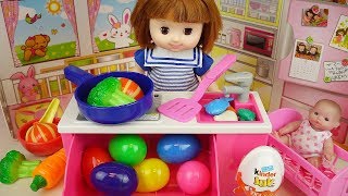 Baby doll Kitchen and Surprise eggs kinder joy, food toys play