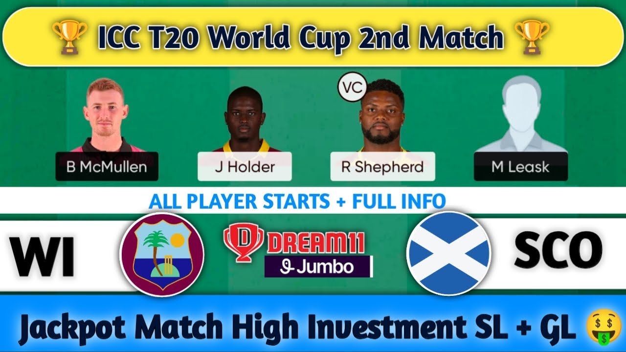 WI vs SCO Dream11 Prediction | wi vs sco jumbo | ICC T20 World Cup 2nd match | wi vs sco today team
