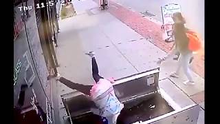 Texting Lady Falls Through Sidwalk