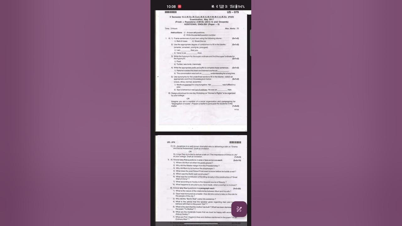 Bca b sc ba 2nd sem additional english question paper 2017 