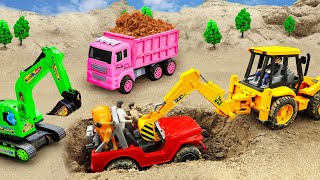 Rescue excavator trucks and cement trucks Police car crane truck toy stories