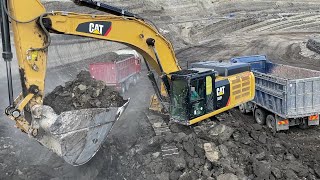 Caterpillar 352F Excavator Loading Mercedes And MAN Trucks