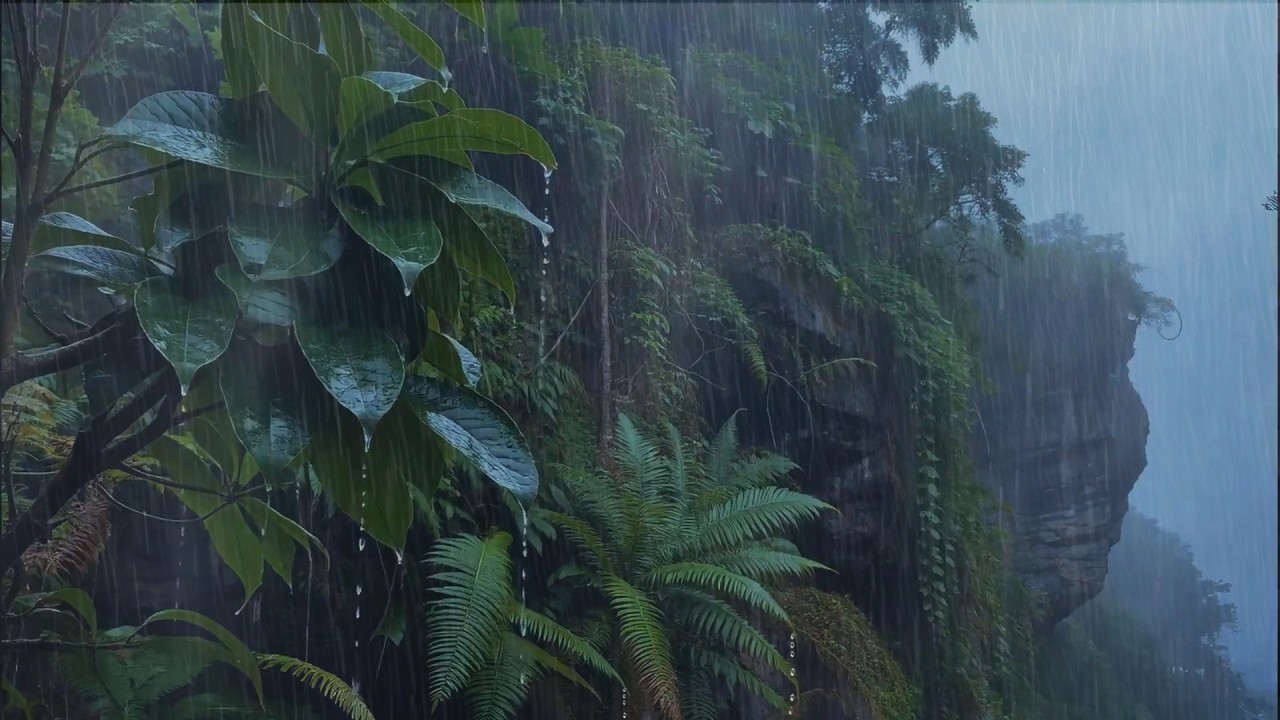 Снимите стресс и тревогу под шум сильного дождя в лесной долине у скал для сна