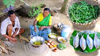 Hilsha fish curry and kule khara shak recipe cooking by santali tribe grandma || fish curry recipe