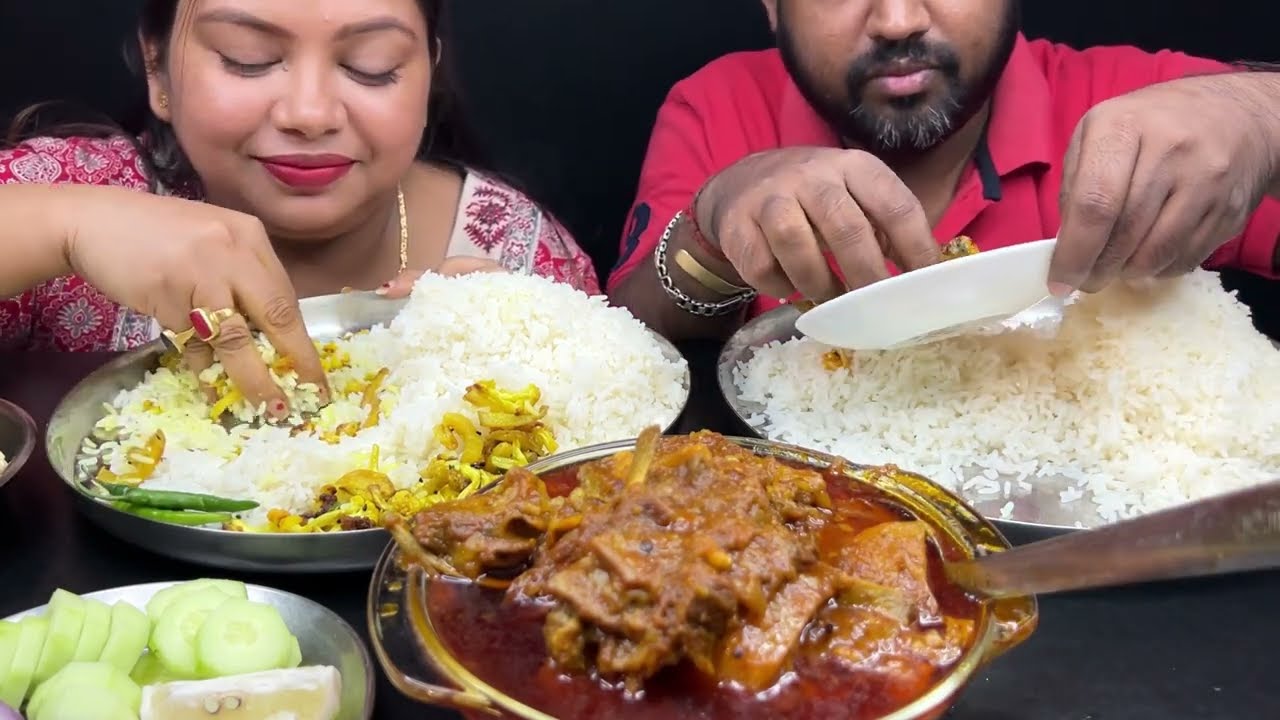 Bigbites, Eating Rice With 🔥🔥Spicy Mutton Curry, And Fulkopi Vaja, Puti Macher Jhal।।