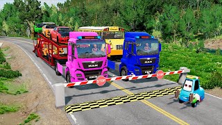 Double Flatbed Trailer Truck | McQueen vs Train | Lego Cars vs Canons | Beamng Drive #13