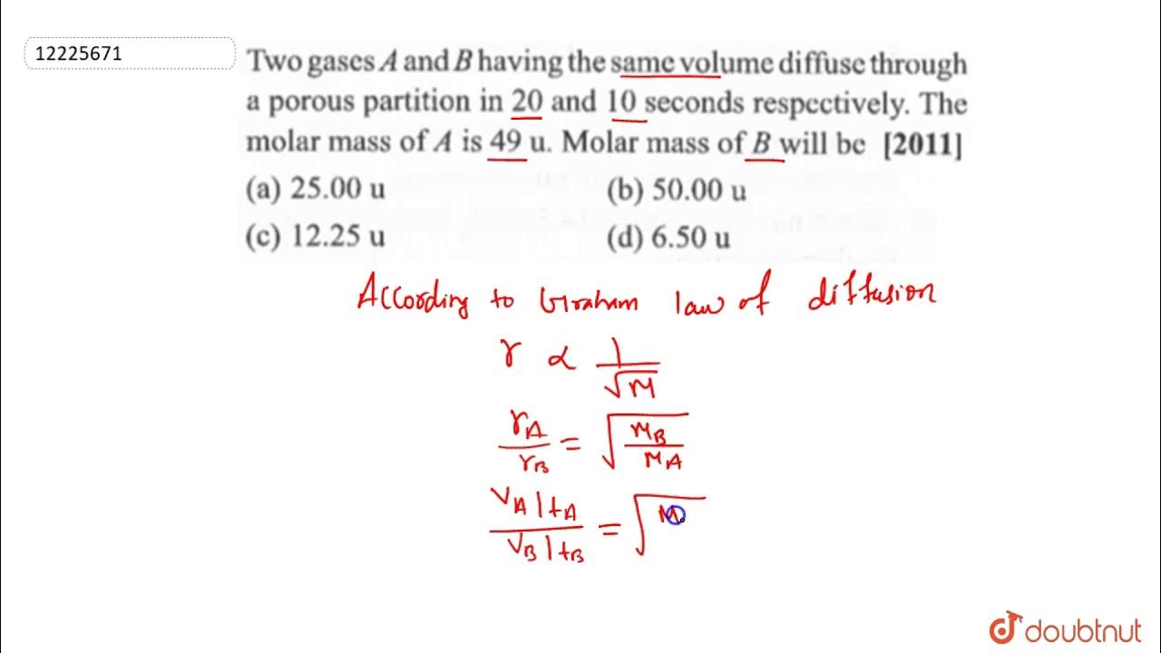 Two gases `A` and `B` having the same volume diffuse through a porous