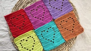 كروشيه فيليه مع شرح سهل / كروشيه قلب او اي باترون بتقنيه الفيليه Crochet Filet Heart Square Tutorial