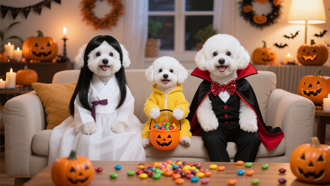 Little Dog Doggo Surprised By Halloween Party Prepared By Mom And Dad Dog 🎃🐶🍬