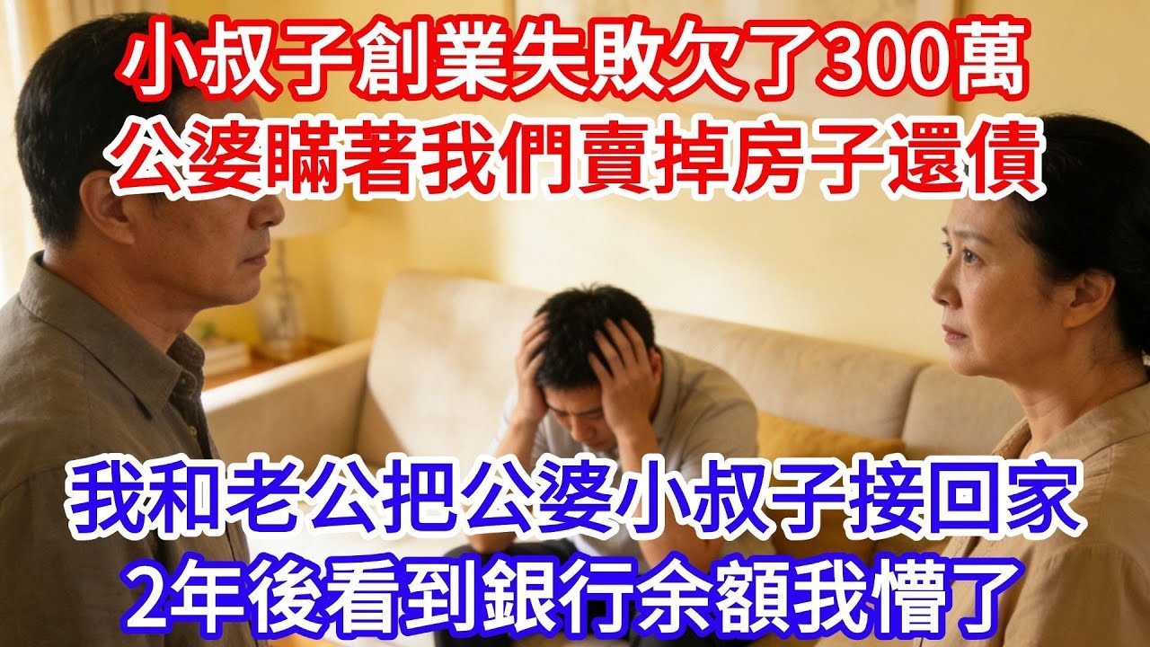 小叔子創業失敗欠了300萬，公婆瞞著我們賣掉房子替他還債，打算回老家住，搬家那天才告訴我們，我和老公開車把公婆小叔子接回家，2年後收到銀行短信，看到餘額我懵了！#女頻小説#小滿夜讀#現代言情