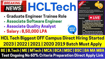 HCL Tech Biggest OFF Campus Hiring 2023-2018 Batch Test Ongoing 3 New Role Salary 8.5LPA Direct Link