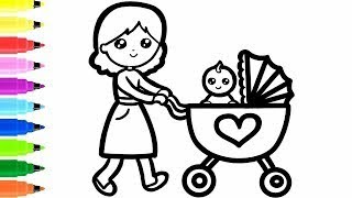 Baby Stroller and Mother Drawing & Coloring For Kids & Toddlers | part 625