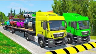 Double Flatbed Trailer Truck vs Speedbumps Train vs Cars | Tractor vs Train Beamng.Drive