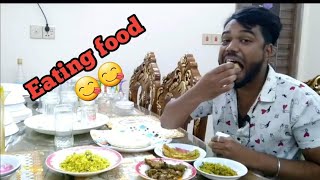 Eating Bangali Breakfast With Bread Egg Fried. Patoto Fried & Deshi Chicken Curry