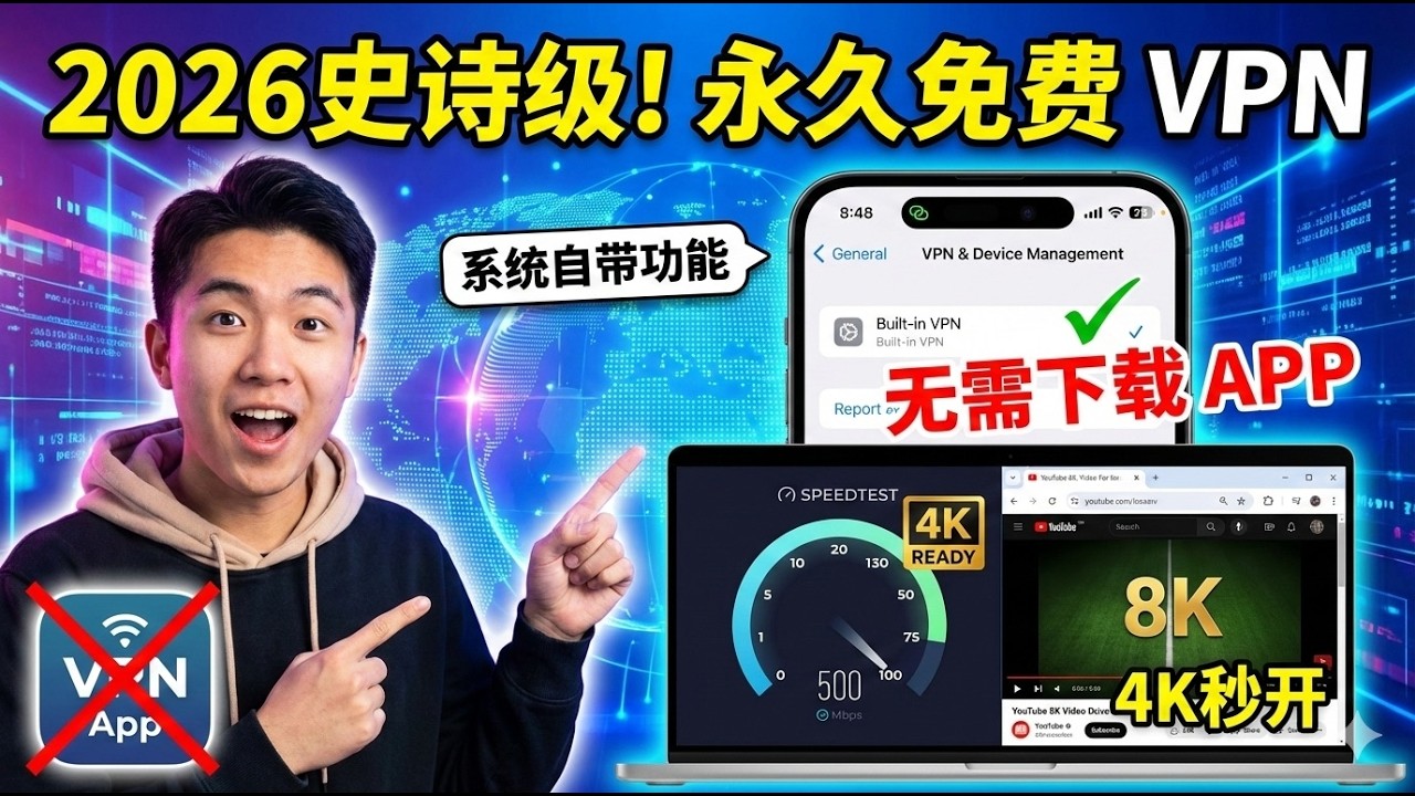 2026史诗级！真正永久免费VPN，无需下载APP，系统自带功能一键连接，4K秒开不限速！