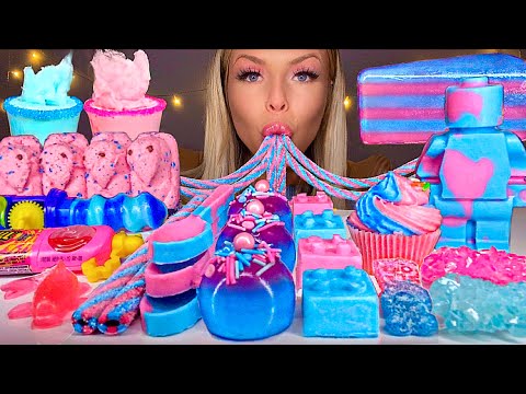 ASMR *BLUE & PINK FOOD* COTTON CANDY MARSHMALLOW FLUFF, CHOCOLATE LEGO MAN, JELLY CAKE MUKBANG 먹방