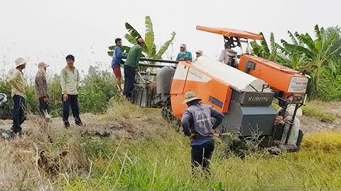 cảnh máy cắt lúa kubota dc 93 chuyển trên đường xuống dốc cao phải vậy nè