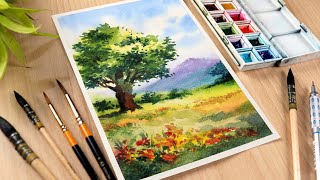 Watercolor painting for beginners Spring Season Trees Landscape