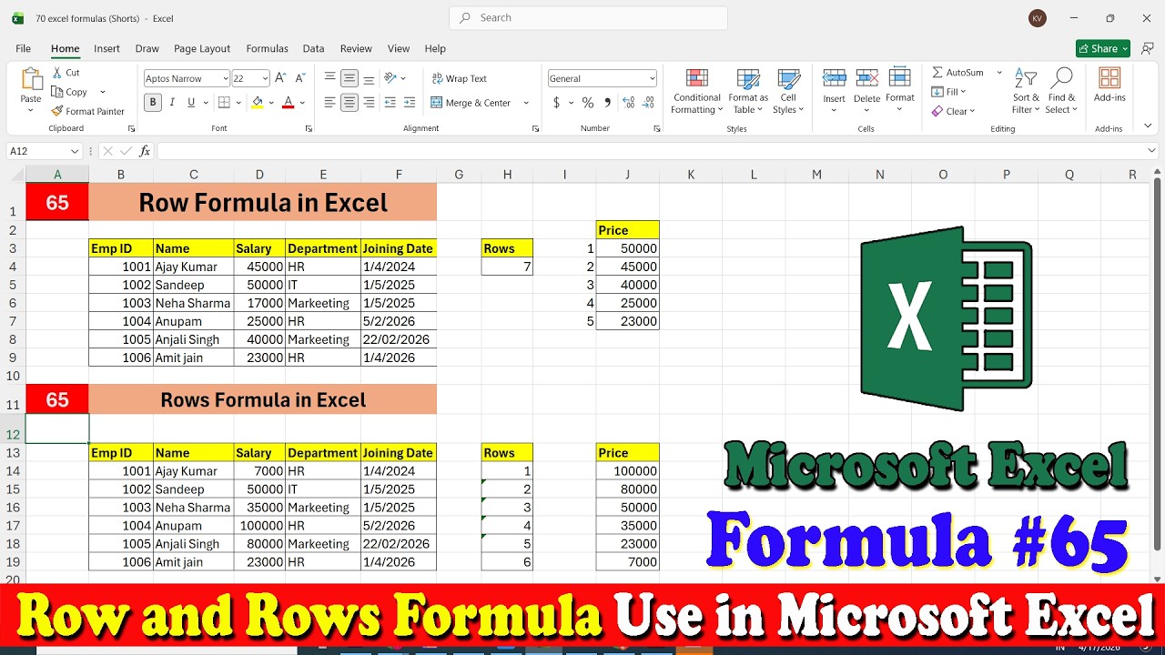 Day 65 Row and Rows Function in Excel | Row Function in Excel | Rows ...