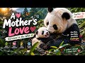 A mother panda leaves tender bamboo for her cub, the little one snuggles up and rolls around