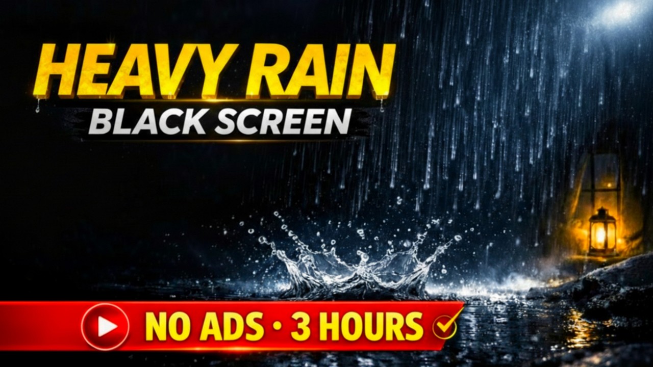 Heavy Rain Black Screen 3 Hours (No Ads) 🌧️ Deep Sleep Rain Sounds