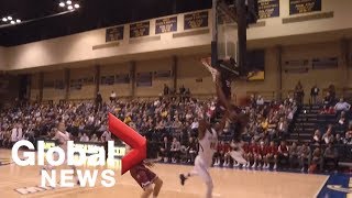 College basketball player gets obliterated by backboard, still makes incredible block