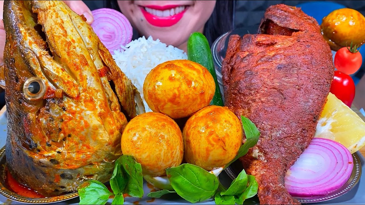 ASMR BIG FISH HEAD CURRY, TANDOORI FISH, EGG CURRY, RICE MUKBANG MASSIVE Eating Sounds