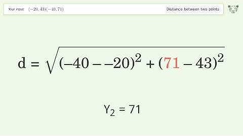 Find the distance between two points p1 (-20,43) and p2 (-40,71): Step-by-Step Video Solution
