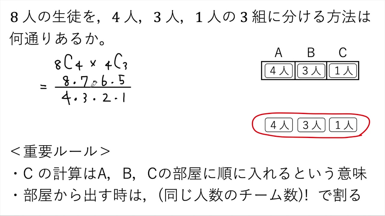 動画で解説 8人の生徒を4人 3人 1人の3組に分ける方法は何通りあるか 1321 高校数学 Youtube