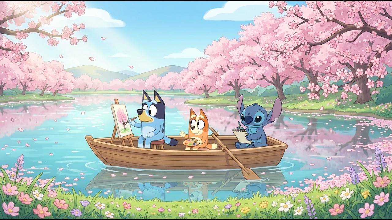 Stitch & Bluey Spring Lake Painting 🌸 Chill Lofi Classroom for Study & Focus 🎧 Peaceful River Vibes