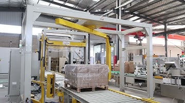 Top sheet dispenosr with Arm rotation pallet wrapping machine and robot palletizing system