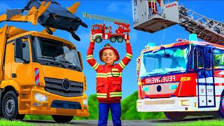 Les enfants jouent avec un vrai camion de pompiers