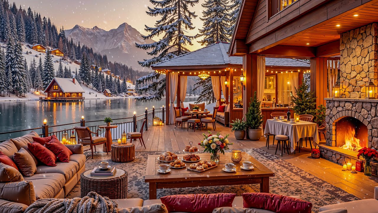 Теплый свет над заснеженным озером | Уютные кофейные моменты и приятная джазовая музыка