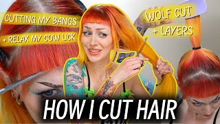 How l Cut my Hair! wolf cut, layers on long hair, cutting micro bangs, cow lick relaxer